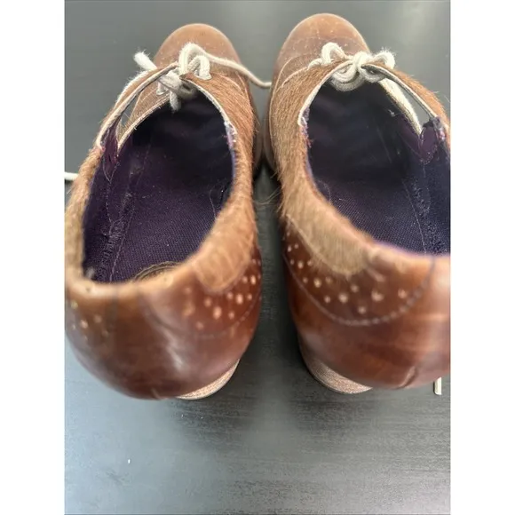 Morenatom Leather Fur Hide Oxford Style Heels Women's Shoes Size 37.5 Brown Lace
