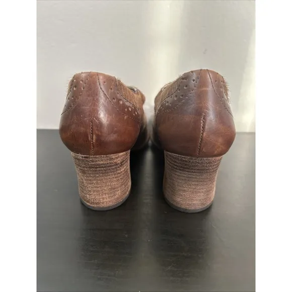 Morenatom Leather Fur Hide Oxford Style Heels Women's Shoes Size 37.5 Brown Lace