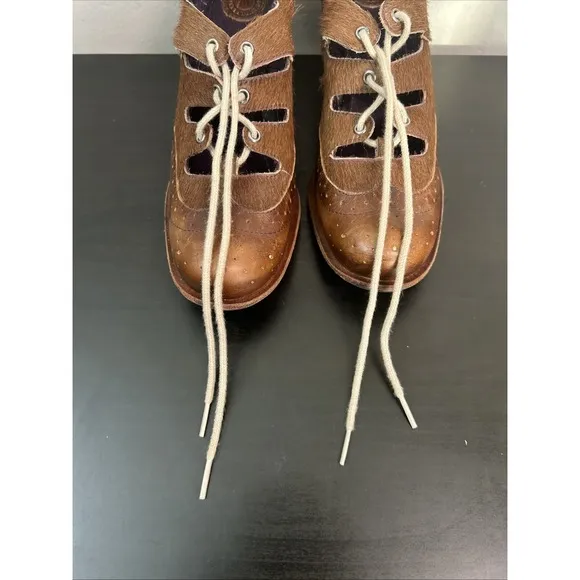 Morenatom Leather Fur Hide Oxford Style Heels Women's Shoes Size 37.5 Brown Lace