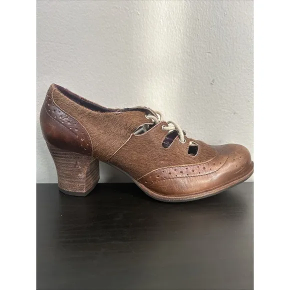 Morenatom Leather Fur Hide Oxford Style Heels Women's Shoes Size 37.5 Brown Lace