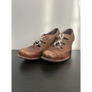 Morenatom Leather Fur Hide Oxford Style Heels Women's Shoes Size 37.5 Brown Lace