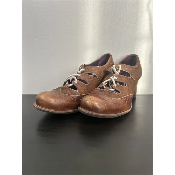 Morenatom Leather Fur Hide Oxford Style Heels Women's Shoes Size 37.5 Brown Lace