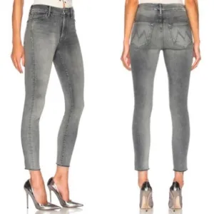 MOTHER Denim Looker Ankle Fray Skinny Jeans Grey Huntress Raw Hem Size 24