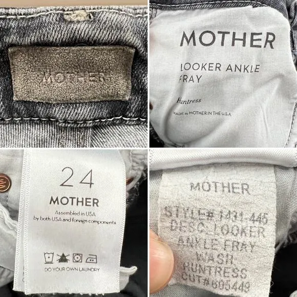 MOTHER Denim Looker Ankle Fray Skinny Jeans Grey Huntress Raw Hem Size 24