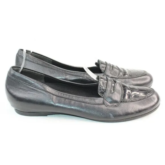 Munro Womens Sz 9.5 N Black Leather Penny Loafer Slip On Flat Shoes Classic