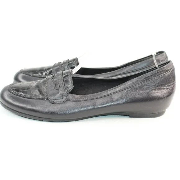 Munro Womens Sz 9.5 N Black Leather Penny Loafer Slip On Flat Shoes Classic