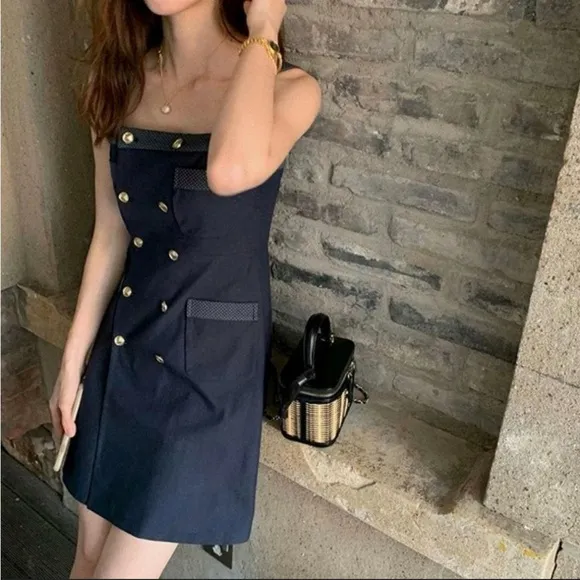 Navy blue nasty gal double breasted strapless convertible brass button dress S