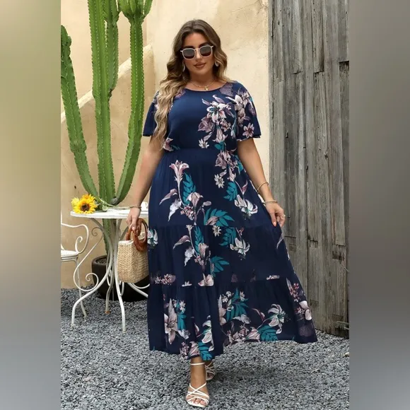 Nemidor  Boho Ditsy Floral Print Casual Layered Flared Maxi Dress with Pocket