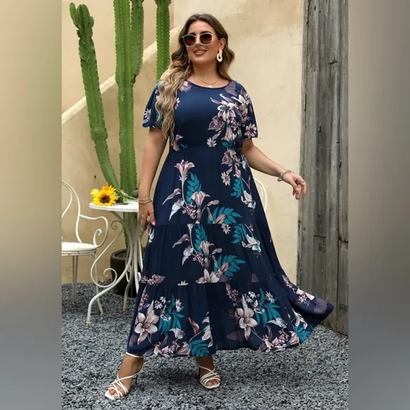 Nemidor  Boho Ditsy Floral Print Casual Layered Flared Maxi Dress with Pocket