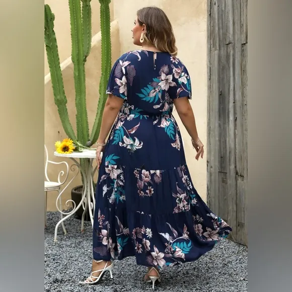 Nemidor  Boho Ditsy Floral Print Casual Layered Flared Maxi Dress with Pocket
