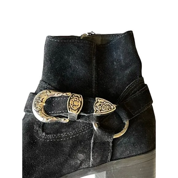 Neslihan Canpolat Black Suede Boots Silver Buckle Small Block Heel US 6.5