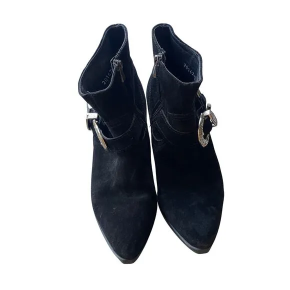 Neslihan Canpolat Black Suede Boots Silver Buckle Small Block Heel US 6.5