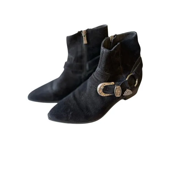 Neslihan Canpolat Black Suede Boots Silver Buckle Small Block Heel US 6.5