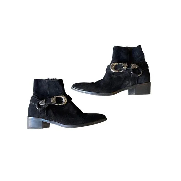 Neslihan Canpolat Black Suede Boots Silver Buckle Small Block Heel US 6.5