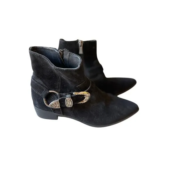 Neslihan Canpolat Black Suede Boots Silver Buckle Small Block Heel US 6.5