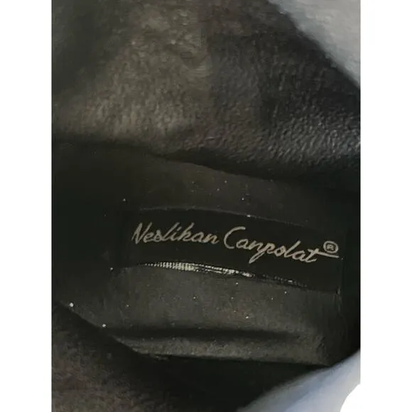 Neslihan Canpolat Black Suede Boots Silver Buckle Small Block Heel US 6.5