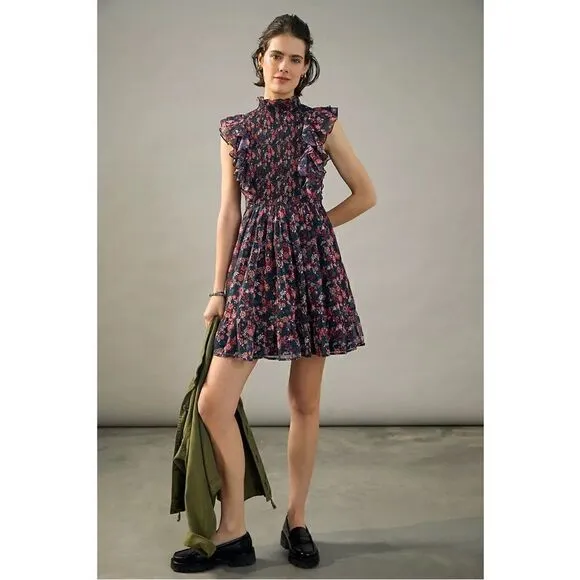 NEW Anthropologie Ranna Gill Katya Ruffled Smocked Floral Mini Dress Medium