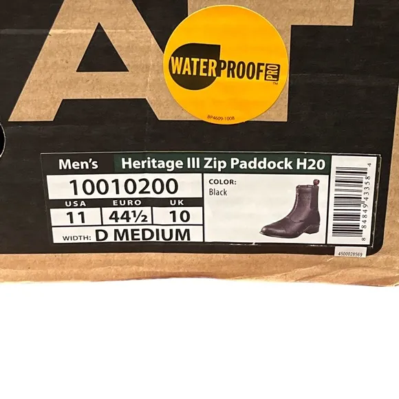 NEW Ariat Men’s Black Heritage III Zip Paddock Waterproof Boots 11