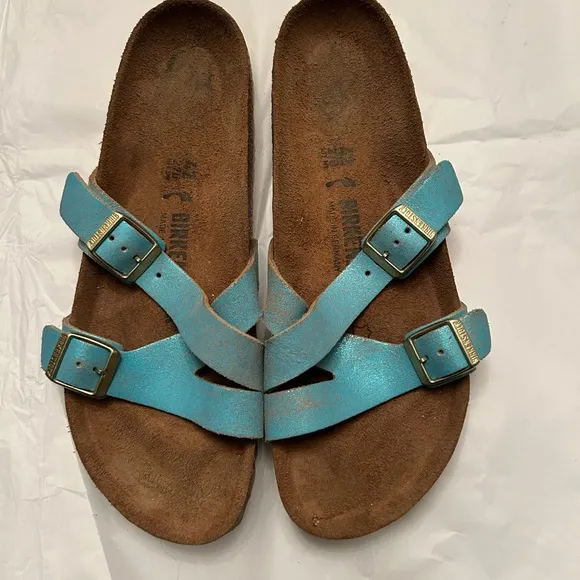 New BIRKENSTOCK Yao balance metallic leather slide sandal aqua blue 11/42
