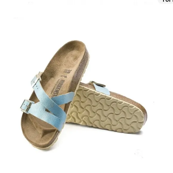 New BIRKENSTOCK Yao balance metallic leather slide sandal aqua blue 11/42