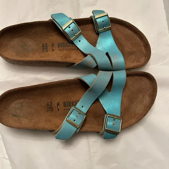New BIRKENSTOCK Yao balance metallic leather slide sandal aqua blue 11/42