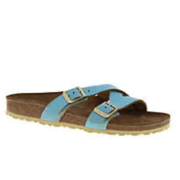 New BIRKENSTOCK Yao balance metallic leather slide sandal aqua blue 11/42
