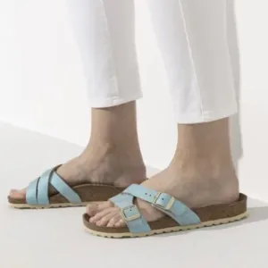 New BIRKENSTOCK Yao balance metallic leather slide sandal aqua blue 11/42
