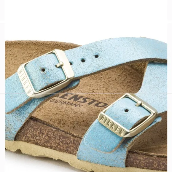 New BIRKENSTOCK Yao balance metallic leather slide sandal aqua blue 11/42