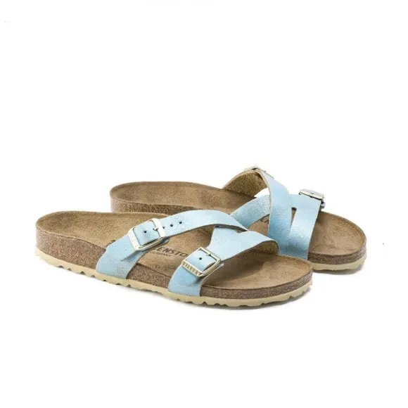 New BIRKENSTOCK Yao balance metallic leather slide sandal aqua blue 11/42