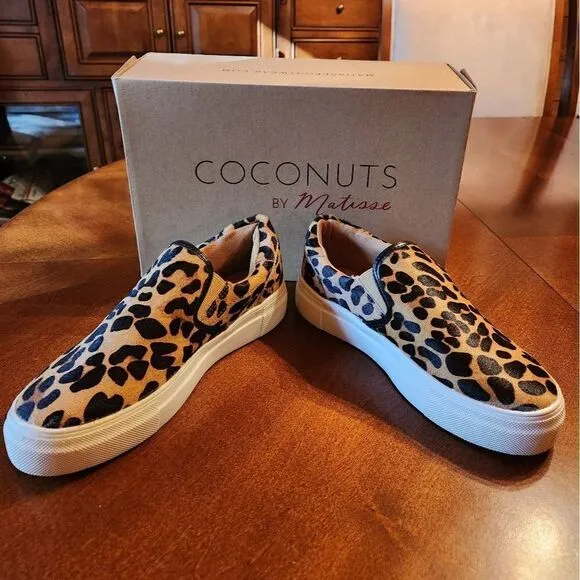 NEW Coconuts by Matisse, Size 6.5, Leather Leopard Animal Print Slip On Shoes
