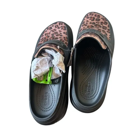 NEW CROCS Stomp Leopard Loafer 210366 Black/Cheetah Print Size 6M 8W