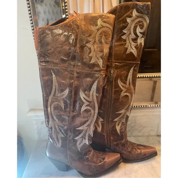 NEW DAN POST JILTED BOOTS EMBROIDERED OTK OVER THE KNEE DISTRESSED BROWN LEATHER