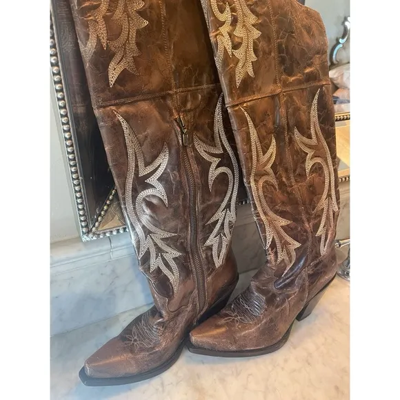 NEW DAN POST JILTED BOOTS EMBROIDERED OTK OVER THE KNEE DISTRESSED BROWN LEATHER