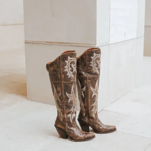 NEW DAN POST JILTED BOOTS EMBROIDERED OTK OVER THE KNEE DISTRESSED BROWN LEATHER