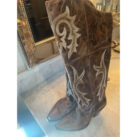 NEW DAN POST JILTED BOOTS EMBROIDERED OTK OVER THE KNEE DISTRESSED BROWN LEATHER