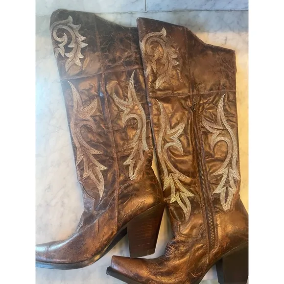 NEW DAN POST JILTED BOOTS EMBROIDERED OTK OVER THE KNEE DISTRESSED BROWN LEATHER
