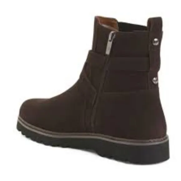 New Donald J. Pliner Suede Cross Strap Boots in Dark Brown