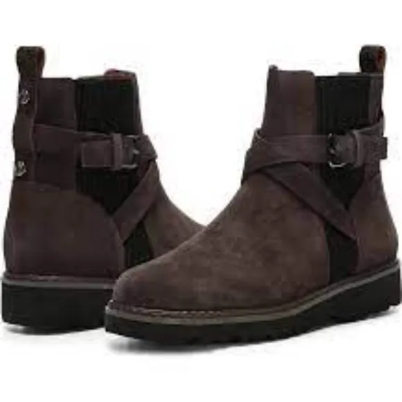 New Donald J. Pliner Suede Cross Strap Boots in Dark Brown