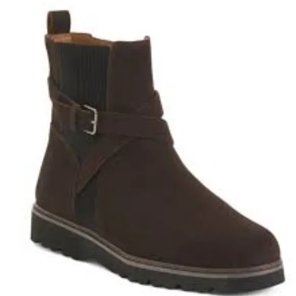 New Donald J. Pliner Suede Cross Strap Boots in Dark Brown