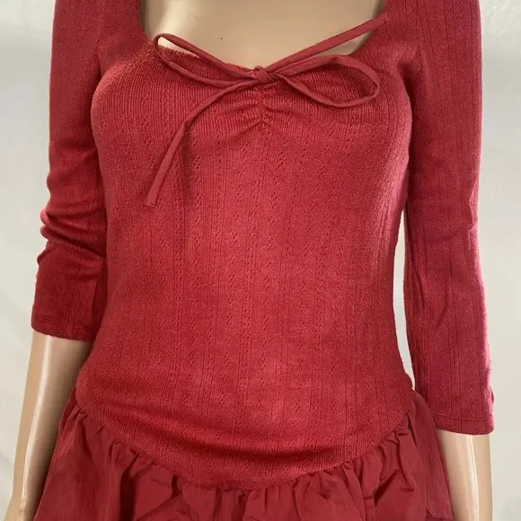 NEW FOR LOVE &amp; LEMONS Womens Aliyah Pointelle Mini Dress Size S Red