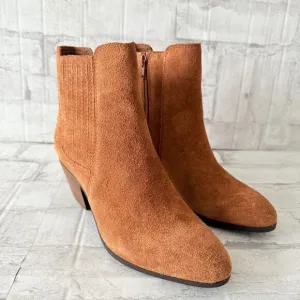 New Frye Sandra Chelsea Block Heel Western Booties Cognac Suede Leather Sz 6.5