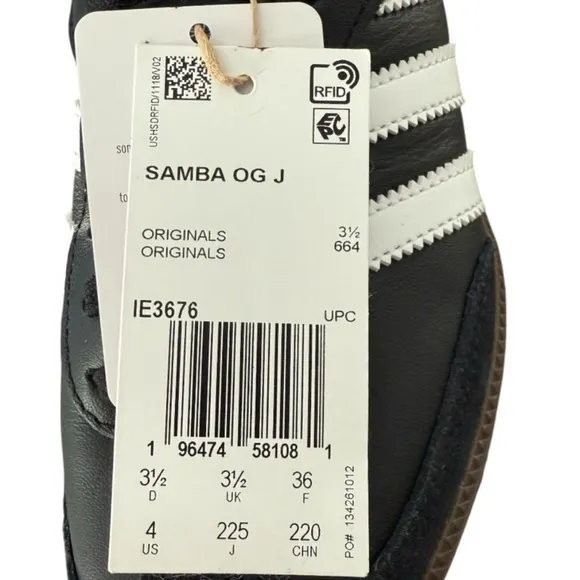 New In Box Adidas Originals Samba OG J Youth Big Kids Size 4 Black White IR3676