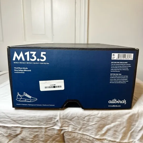 New In Box Allbirds Mens Wool Flyer Mizzle Hazy Indigo (Blizzard) Sneakers 13.5