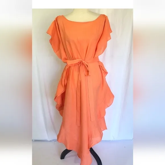 New Jag Coral 100% Linen Eden Kaftan Midi Dress Small Medium Ruffled