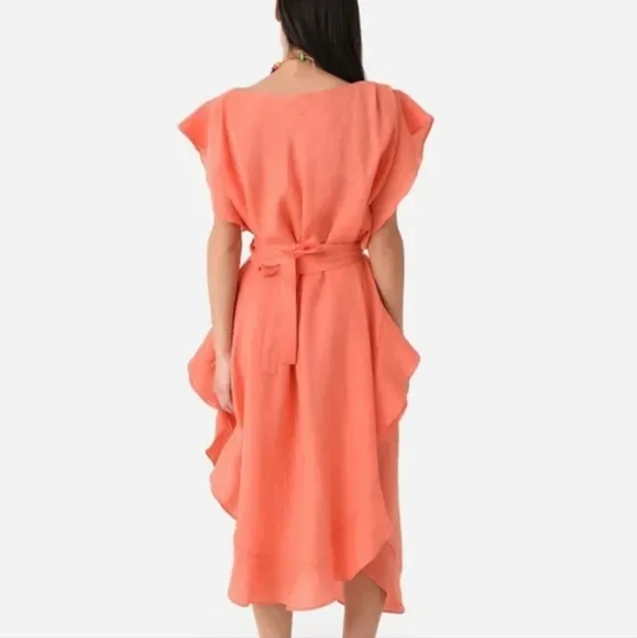 New Jag Coral 100% Linen Eden Kaftan Midi Dress Small Medium Ruffled