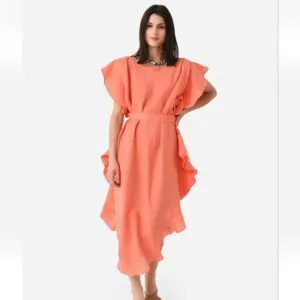 New Jag Coral 100% Linen Eden Kaftan Midi Dress Small Medium Ruffled