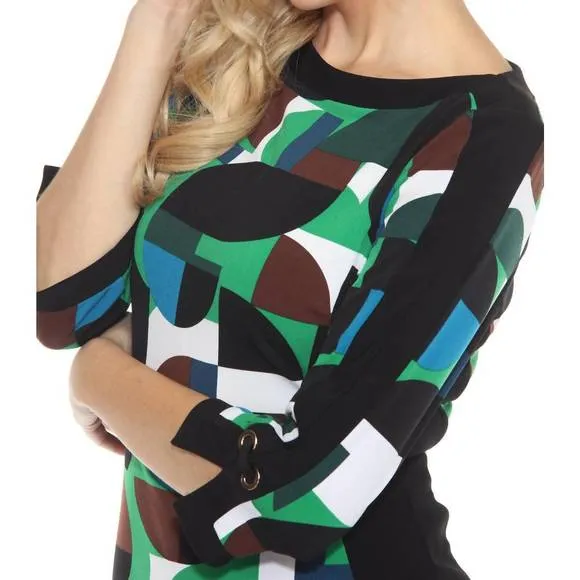 NEW JOSEPH RIBKOFF geometric print boat neck sheath dress