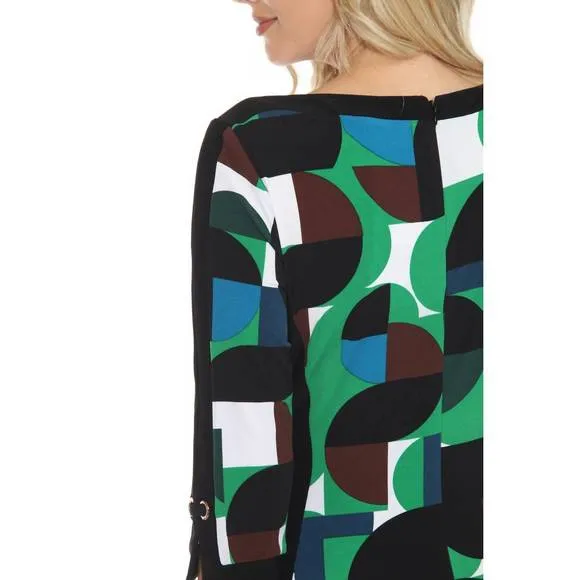 NEW JOSEPH RIBKOFF geometric print boat neck sheath dress