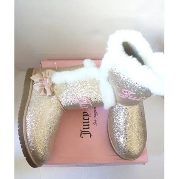 New! JUICY COUTURE Girls Mendota Gold Glitter Faux Fur Boots Booties Shoes