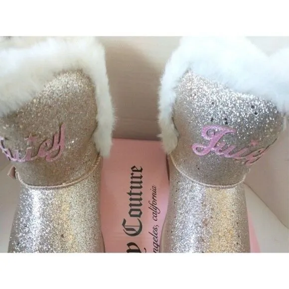 New! JUICY COUTURE Girls Mendota Gold Glitter Faux Fur Boots Booties Shoes
